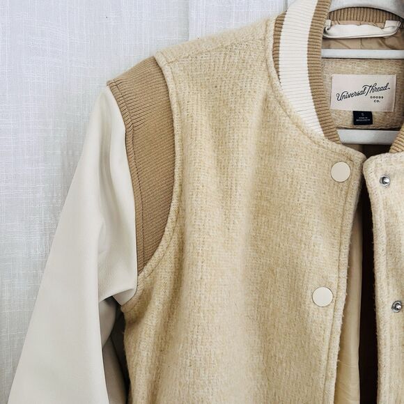 Women's Tan and Cream Varsity Jacket - Picture 3 of 10